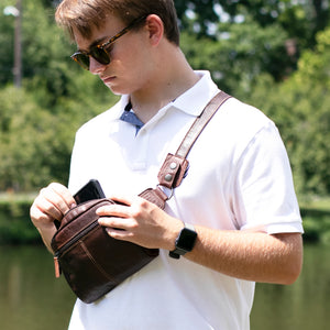 Jack Georges Voyager Brown Large Travel Belt Bag #7109 (Male Model Lifestyle - Front Left Side)