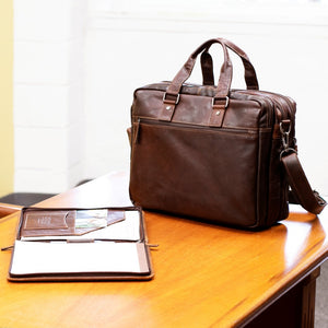 Jack Georges Voyager Large Brown Travel Briefcase #7328 (Beauty Image on Desk - Back Right Side) featuring 7112 brown