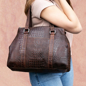 Jack Georges Hornback Croco Satchel Bag #HB815 Brown (Female Model - Front Side)