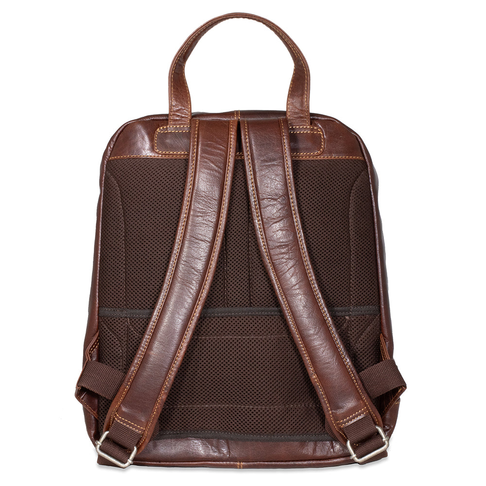 Brown leather backpack with mesh back panel on a white background