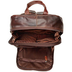Brown leather backpack with open front pocket on a white background