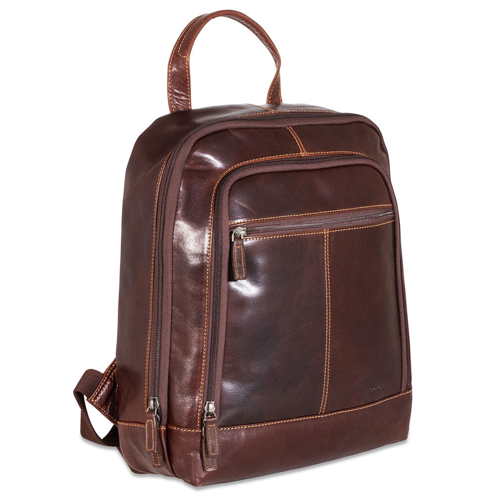 Brown leather backpack on a white background