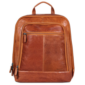 Brown leather backpack on a white background