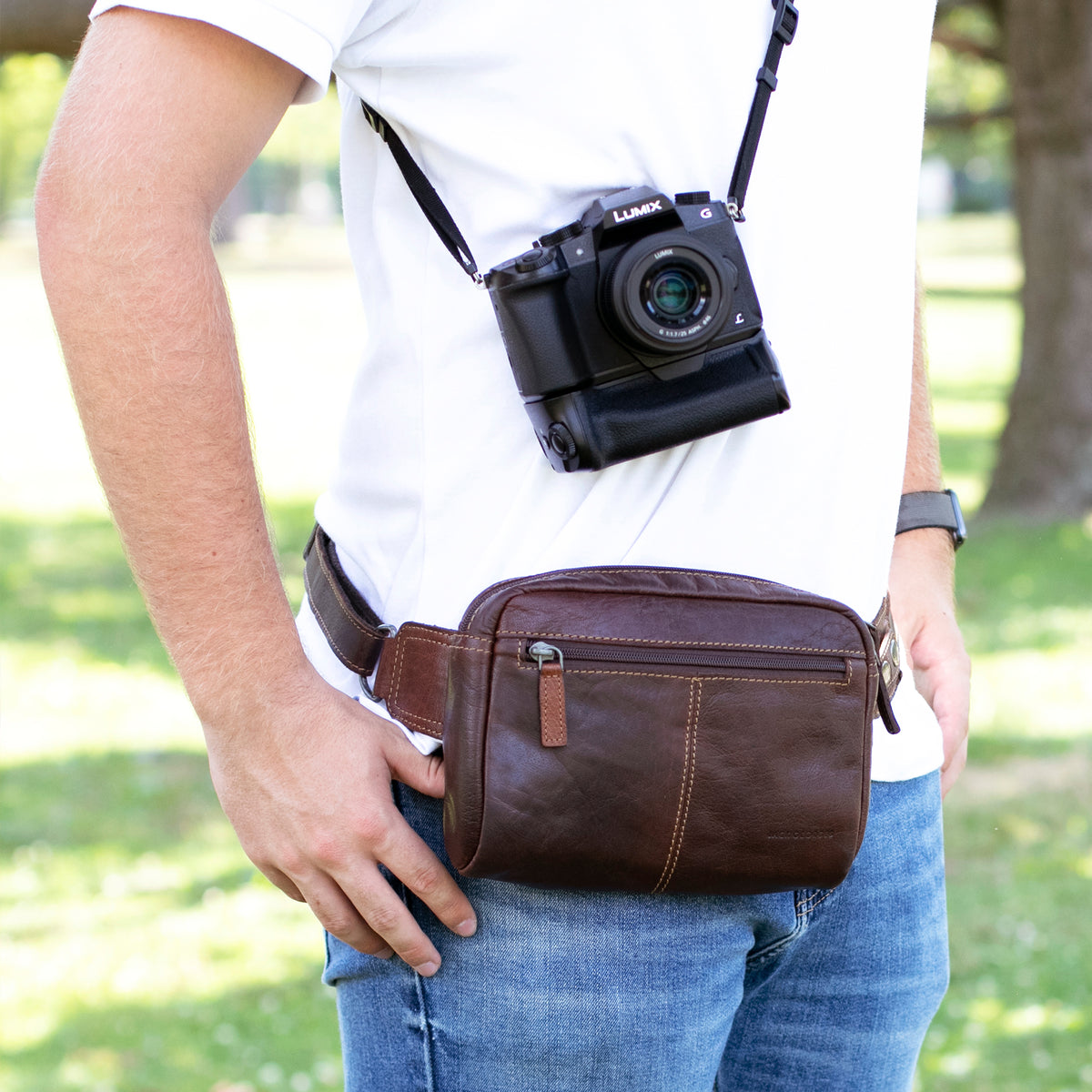 Jack Georges Voyager Brown Large Travel Belt Bag #7109 (Male Model Lifestyle - Front Right Side)