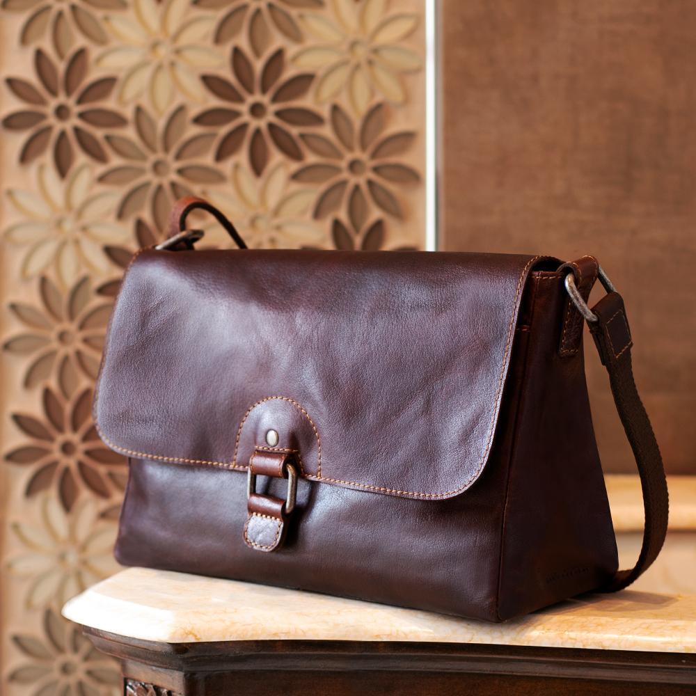 Jack Georges Voyager Brown Olivia Crossbody Bag #7218 (Beauty Image on Table - Front Left Side)