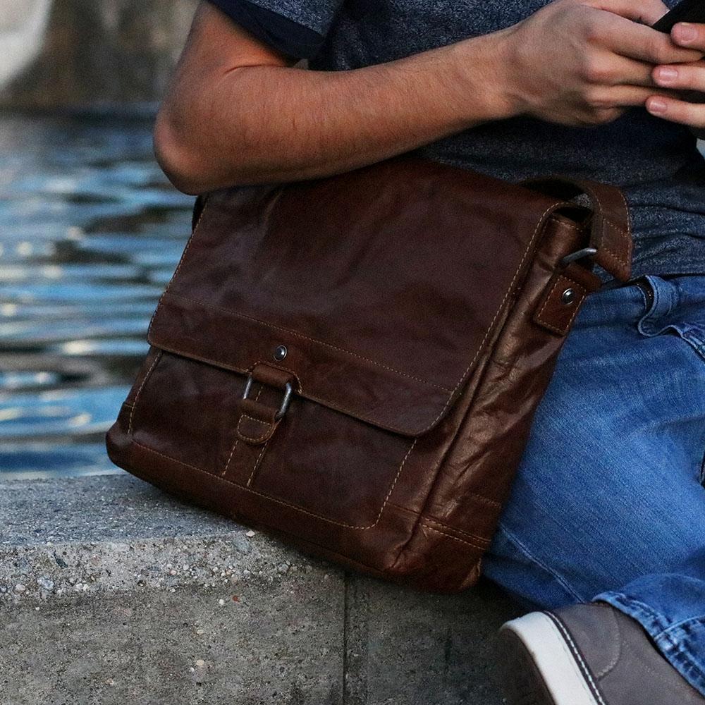 Jack Georges Voyager Messenger Bag Brown (Lifestyle Male Model - Front Left Side) on Stone