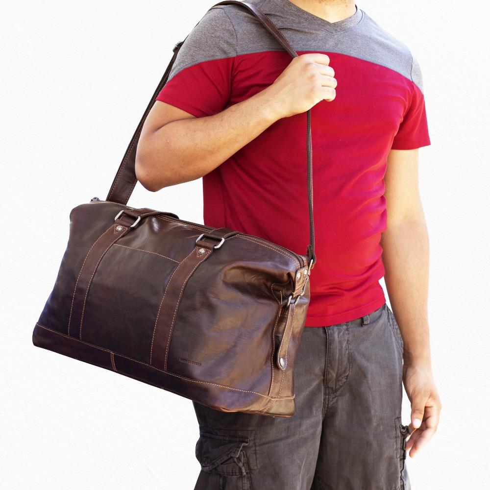 Jack Georges Voyager Brown Duffle Bag #7319 (Male Model Lifestyle - Front Left Side)