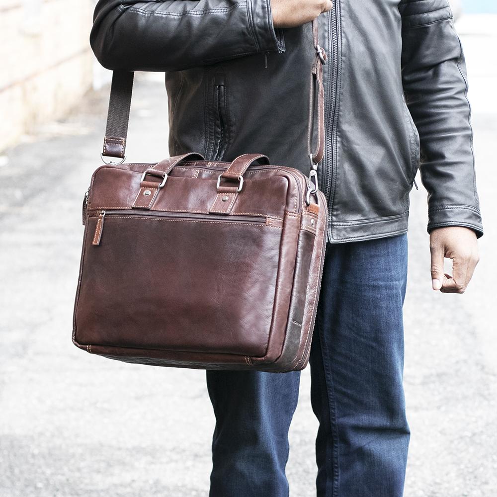 Jack Georges Voyager Large Brown Travel Briefcase #7328 (Male Model Lifestyle - Front Left Side)