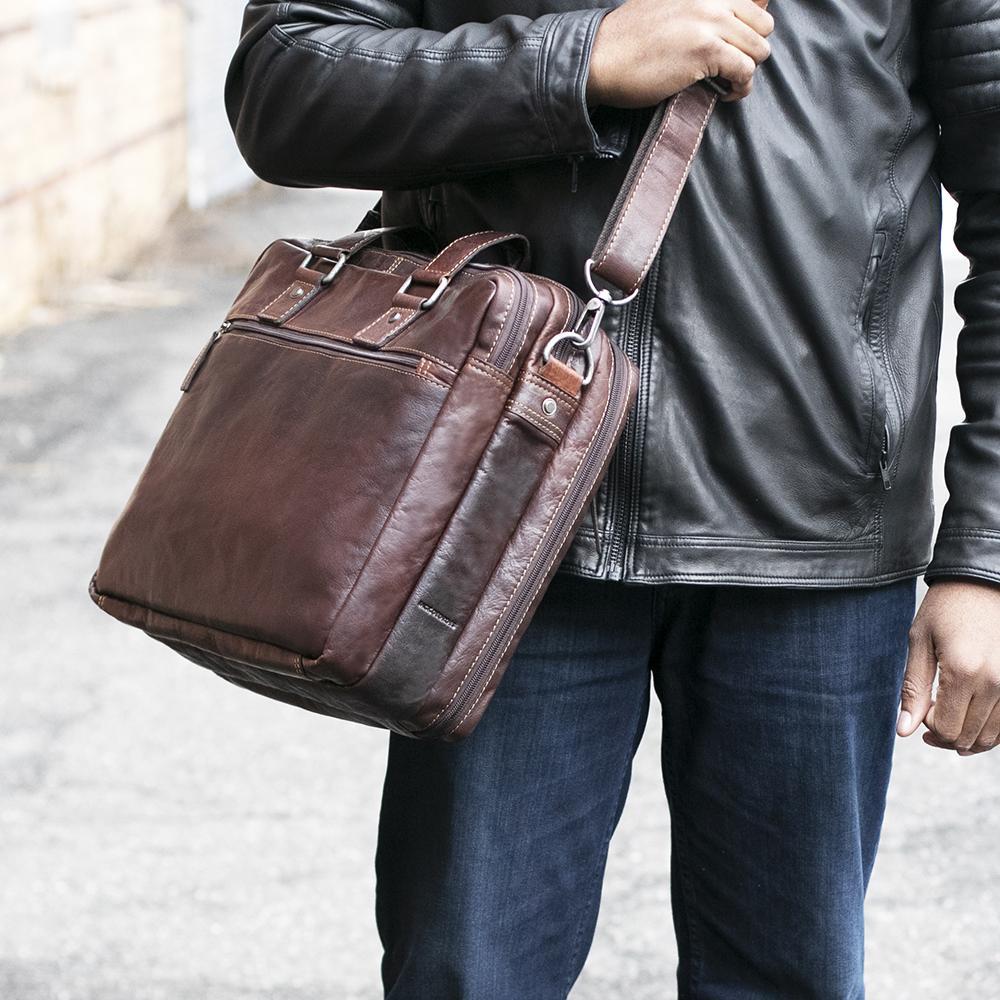 Jack Georges Voyager Large Brown Travel Briefcase #7328 (Male Model Lifestyle - Right Side)