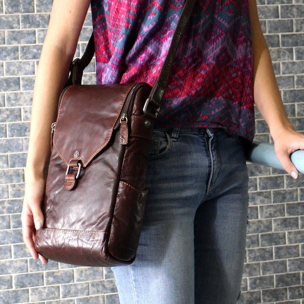 Jack Georges Voyager Crossbody Messenger & Wine Bag Brown (Lifestyle Female Model - Front Left Side)