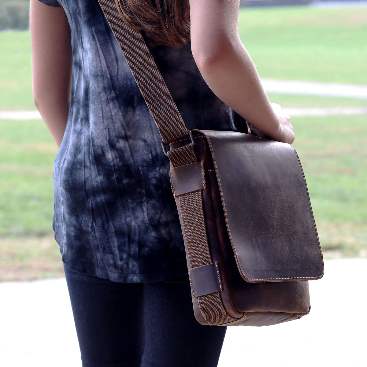 Arizona Crossbody Messenger Bag Brown Lifestyle Female Model