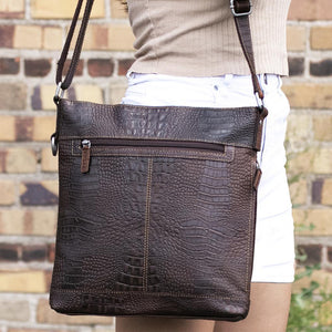 Jack Georges Hornback Croco Brown Crossbody Bag #HB312 (Female Model Lifestyle - Front Side)