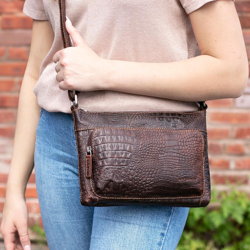 Jack Georges Hornback Croco Brown Mini City Crossbody #HB810 (Female Model Lifestyle - Front Right Side)