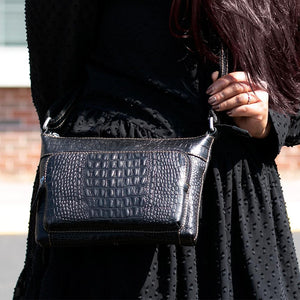 Jack Georges Hornback Croco Black Mini City Crossbody #HB810 (Female Model Lifestyle - Front Left Side)