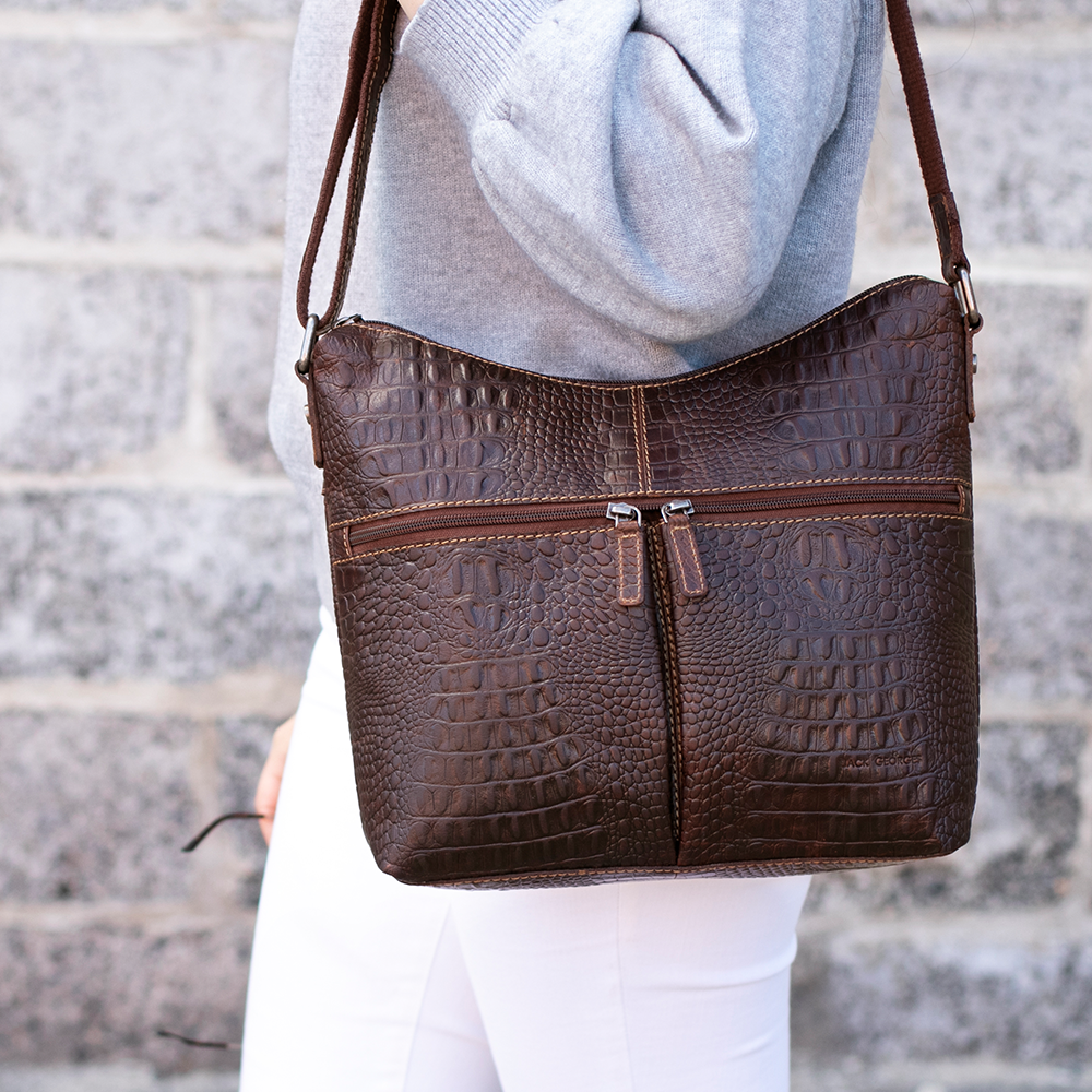 Jack Georges Hornback Croco Brown Hobo Bag #HB814 (Female Model Lifestyle - Front Side)