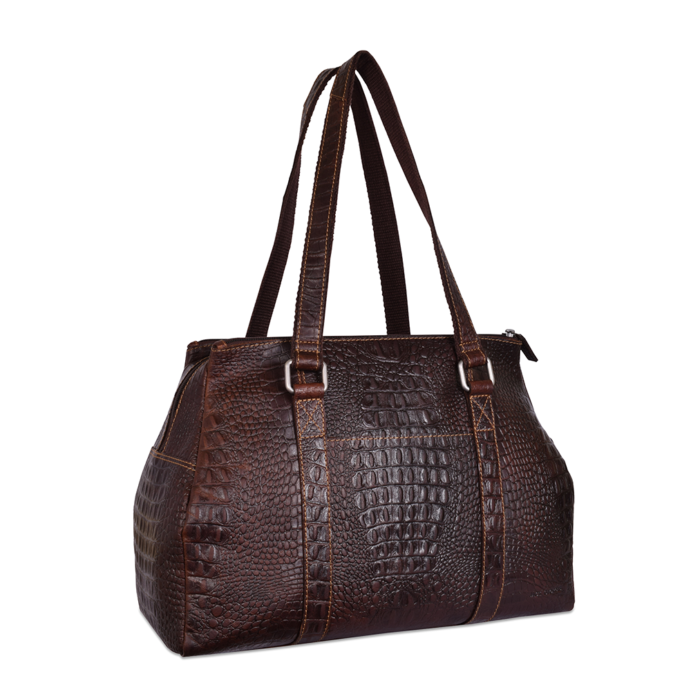 Jack Georges Hornback Croco Satchel Bag #HB815 Brown (Front Left Side)