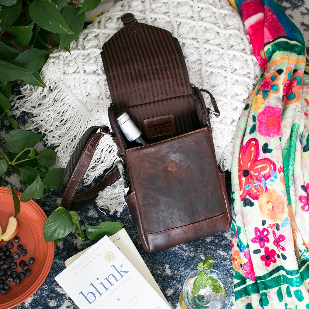 Jack Georges Voyager Crossbody Messenger & Wine Bag Brown Beauty Open